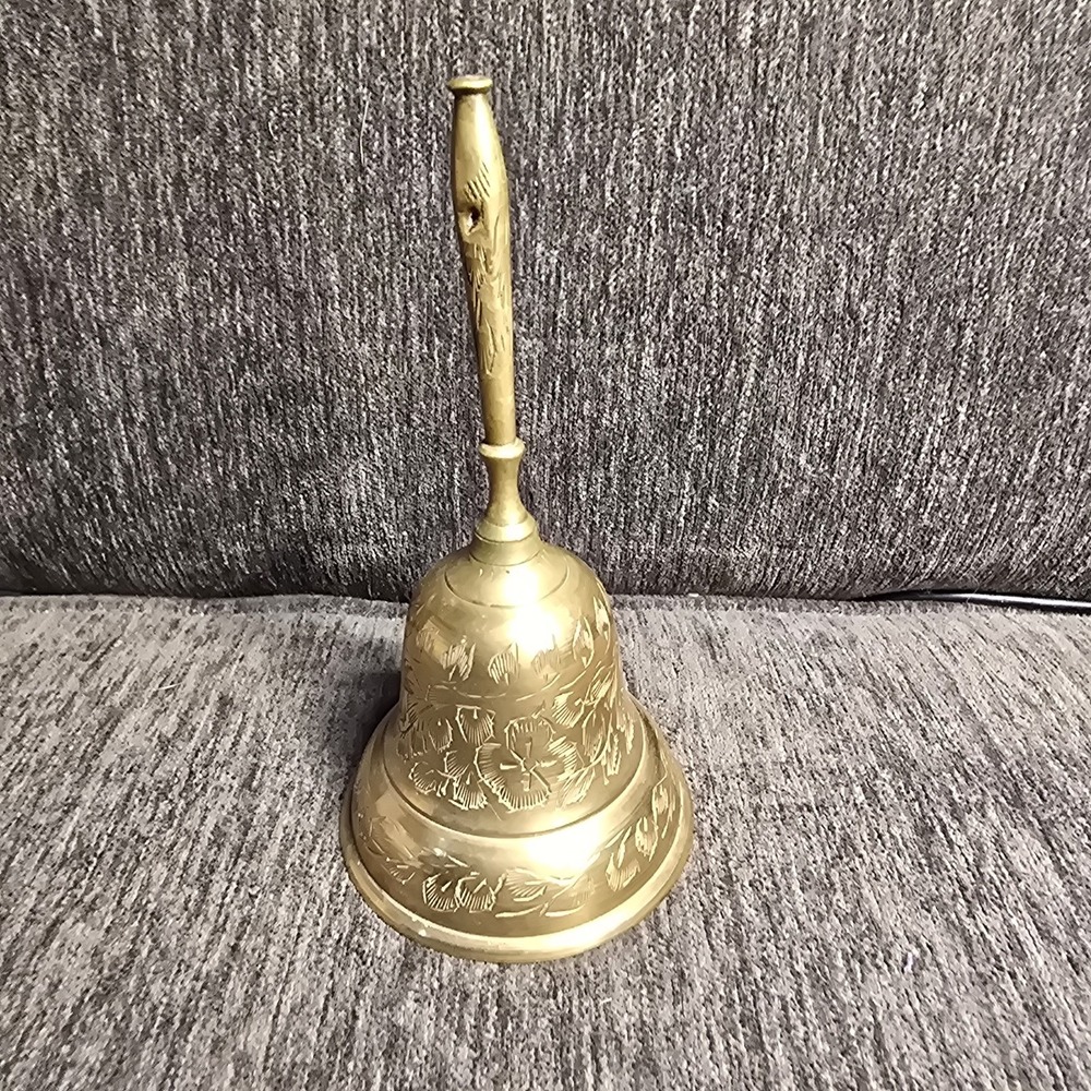 Vintage Solid Brass Hand‎ Engraved Floral Bell 6 Inches Tall